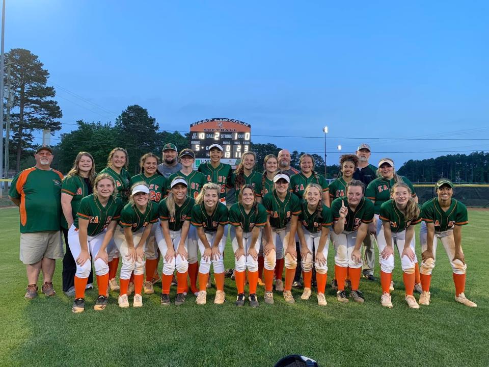 East Lincoln softball team celebrates its Western Foothills 3A conference championship.