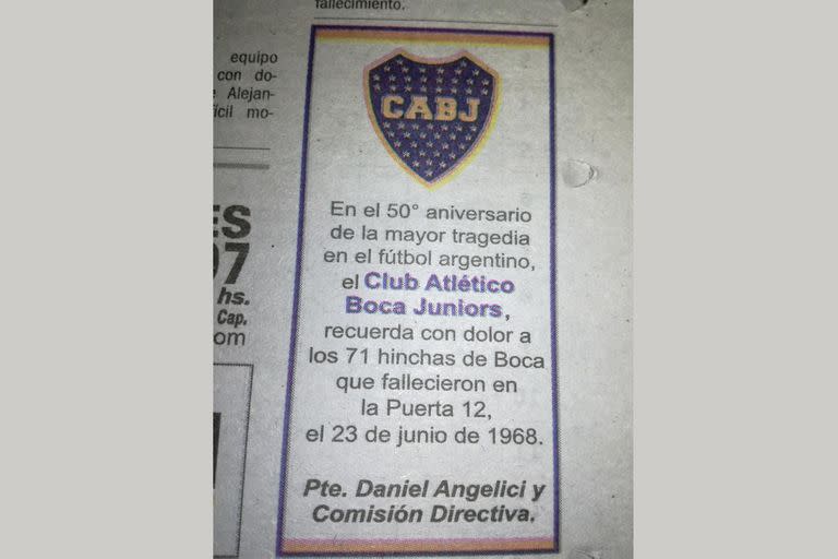 El recuerdo oficial que hizo Boca, a medio siglo de la Puerta 12