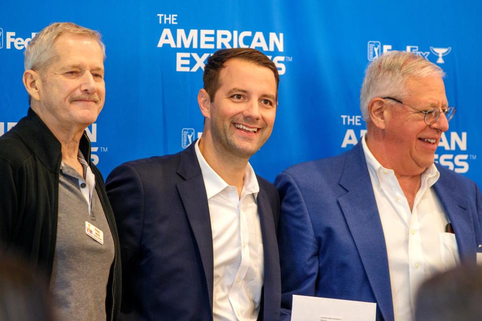 Pat McCabe, Executive Director of The American Express, center, poses with representatives from Coachella Valley Volunteers in Medicine, who were one of 37 nonprofit organizations to receive donations through Impact Through Golf during The American Express Helping Hands breakfast at the La Quinta Country Club in La Quinta, Calif., on Nov. 17, 2022. 