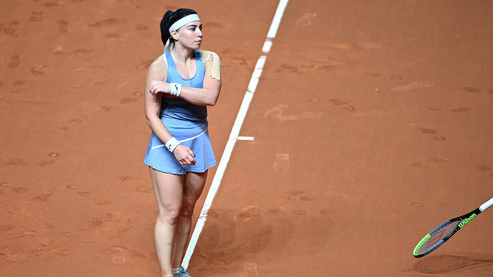 STUTTGART, GERMANY - APRIL 21:   Ekaterine Gorgodze of Georgia reacts to a missed point on day 5 of the Porsche Tennis Grand Prix match between Angelique Kerber of Germany and Ekaterine Gorgodze of Georgia at Porsche Arena on April 21, 2021 in Stuttgart, Germany.  (Photo by Philipp Guelland - Pool/Getty Images)