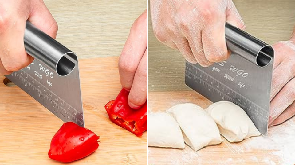 hands using the bench scraper to cut vegetables and portion dough