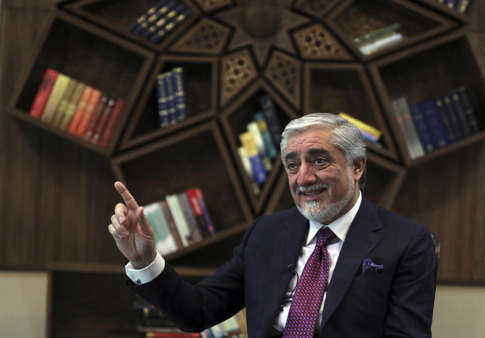 Abdullah Abdullah, Chairman of the High Council for National Reconciliation gives an interview to The Associated Press at the Sapidar Palace in Kabul, Afghanistan, Saturday, May 1, 2021. Afghanistan's chief peace negotiator says the often fractured Afghan political leadership must unify or risk the withdrawal of U.S. and NATO troops that has officially begun bringing more bitter fighting. (AP Photo/Rahmat Gul)