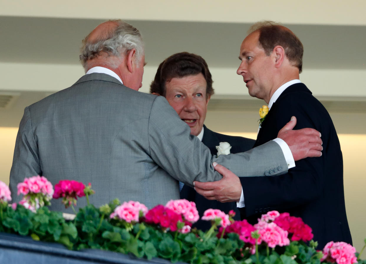 ASCOT, UNITED KINGDOM - JUNE 15: (EMBARGOED FOR PUBLICATION IN UK NEWSPAPERS UNTIL 24 HOURS AFTER CREATE DATE AND TIME) Prince Charles, Prince of Wales and Prince Edward, Earl of Wessex attend day 1 of Royal Ascot at Ascot Racecourse on June 15, 2021 in Ascot, England. (Photo by Max Mumby/Indigo/Getty Images)