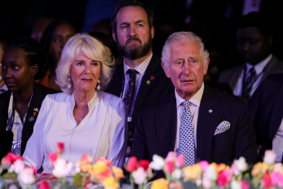 KIGALI, RWANDA - JUNE 23: Camilla, Duchess of Cornwall and Prince Charles, Prince of Wales attend Kigali Fashion Week at Kigali Arena on June 23, 2022 in Kigali, Rwanda. Prince Charles, The Prince of Wales has attended five of the 24 Commonwealth Heads of Government Meeting meetings held since 1971: Edinburgh in 1997, Uganda in 2007, Sri Lanka in 2013 (representing The Queen), Malta in 2015 and the UK in 2018. It was during the UK CHOGM that it was formally announced that The Prince would succeed The Queen as Head of the Commonwealth. Leaders of Commonwealth countries meet every two years for the meeting which is hosted by a different member country on a rotating basis. (Photo by Chris Jackson/Getty Images)