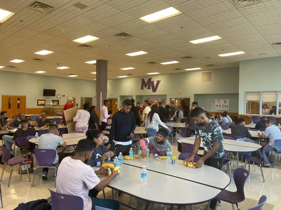 An emergency shelter was set up inside Martha’s Vineyard’s high school to feed and house the migrants, Wednesday, Sept. 14, 2022.