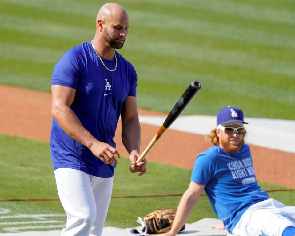 Albert Pujols during batting practice before making his Dodgers debut against the Diamondbacks at Dodgers Stadium on Monday night.