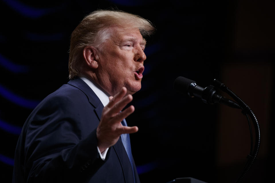 El presidente Donald Trump habla durante un evento sobre la salud del riñón en el edificio Ronald Reagan y el International Trade Center, el miércoles 10 de julio de 2019 en Washington. (AP Foto/Evan Vucci)