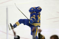 Buffalo Sabres left wing Vinnie Hinostroza (29) celebrates scoring a goal during the third period of an NHL hockey game against the Tampa Bay Lightning on Monday, Oct. 25, 2021, in Buffalo, N.Y. (AP Photo/Joshua Bessex)