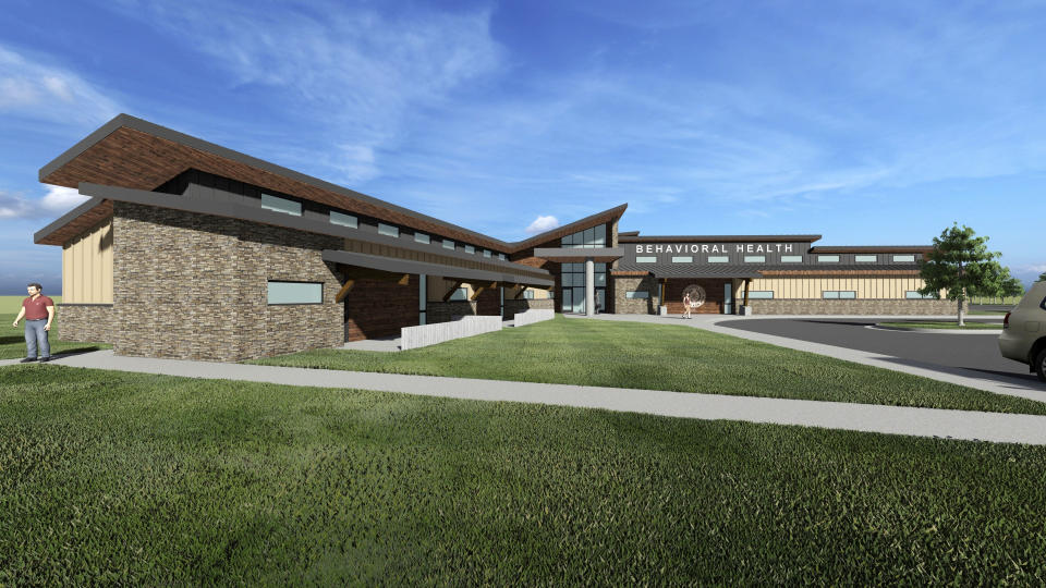 This artist rendering provided by the Cherokee Nation of Oklahoma shows a new treatment center. The Cherokee Nation, which is headquartered in Tahlequah in northeast Oklahoma, is the nation's largest Native American tribe, with more than 440,000 enrolled citizens. A portion of its $98 million in opioid settlement funds will be used to construct a treatment facility that will be completely operated by the tribe and provide no-cost treatment for Cherokee Nation citizens struggling with substance abuse. (Cherokee Nation of Oklahoma via AP)