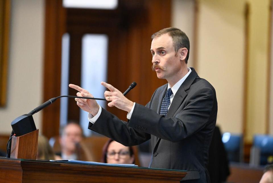 Rep. Andrew Murr, R-Junction, gives closing arguments in the resolution to impeach Texas Attorney General Ken Paxton on May 27, 2023.