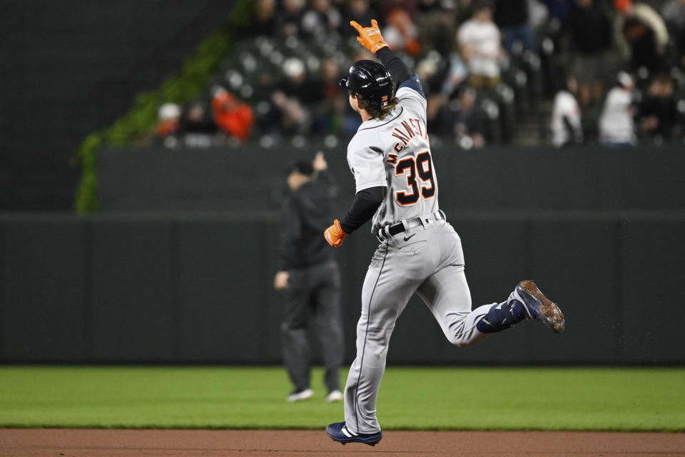 Detroit Tigers' Zach McKinstry (39) gestures after hitting a solo home run against Baltimore Orioles starting pitcher Kyle Gibson during the seventh inning of a baseball game, Saturday, April 22, 2023, in Baltimore. (AP Photo/Terrance Williams)