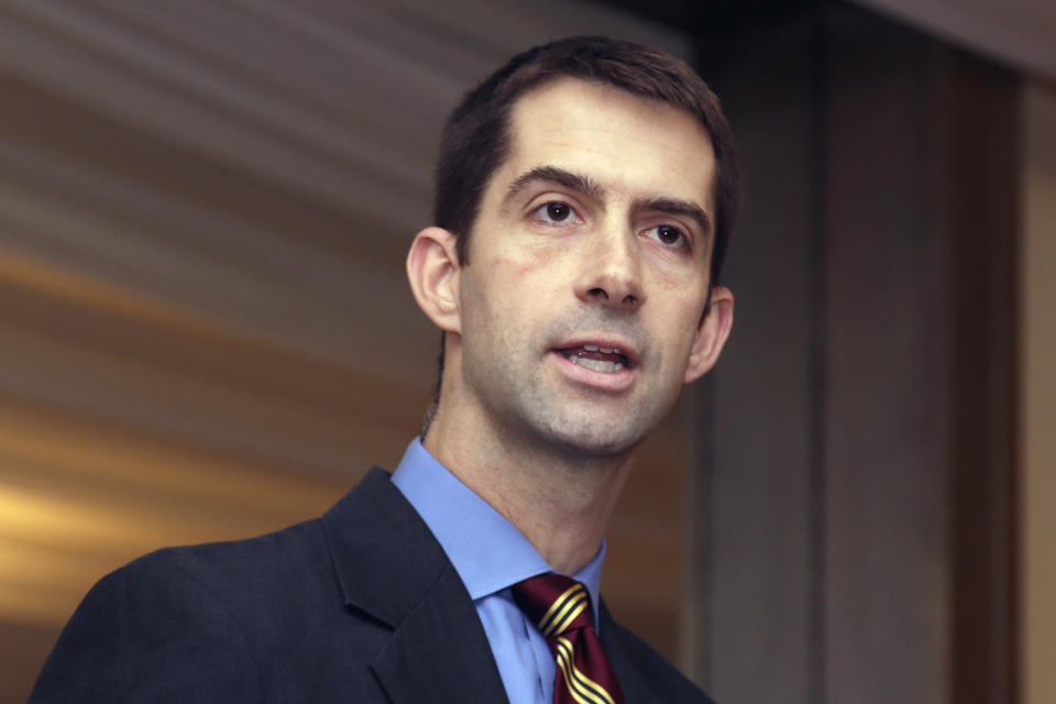 FILE - In this Nov. 1, 2013 file photo, U.S. Rep. Tom Cotton, R-Ark., speaks at a meeting of university officials in Little Rock, Ark. Former Chief Justice Jack Holt Jr. Holt, a Democrat, filed an ethics complaint questioning Cotton's work for a management consulting firm claiming the freshman lawmaker violated House rules by not identifying any of the clients for whom he provided services in excess of $5,000. Republican Cotton is running for the U.S. Senate seat now held by U.S. Sen. Mark Pryor, a Democrat. (AP Photo/Danny Johnston, File)