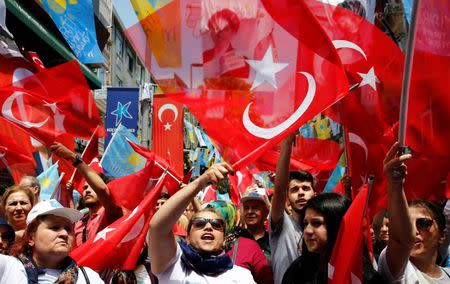 Supporters of Meral Aksener, Iyi (Good) Party leader, attend an election rally in Istanbul, Turkey June 22, 2018. REUTERS/Huseyin Aldemir