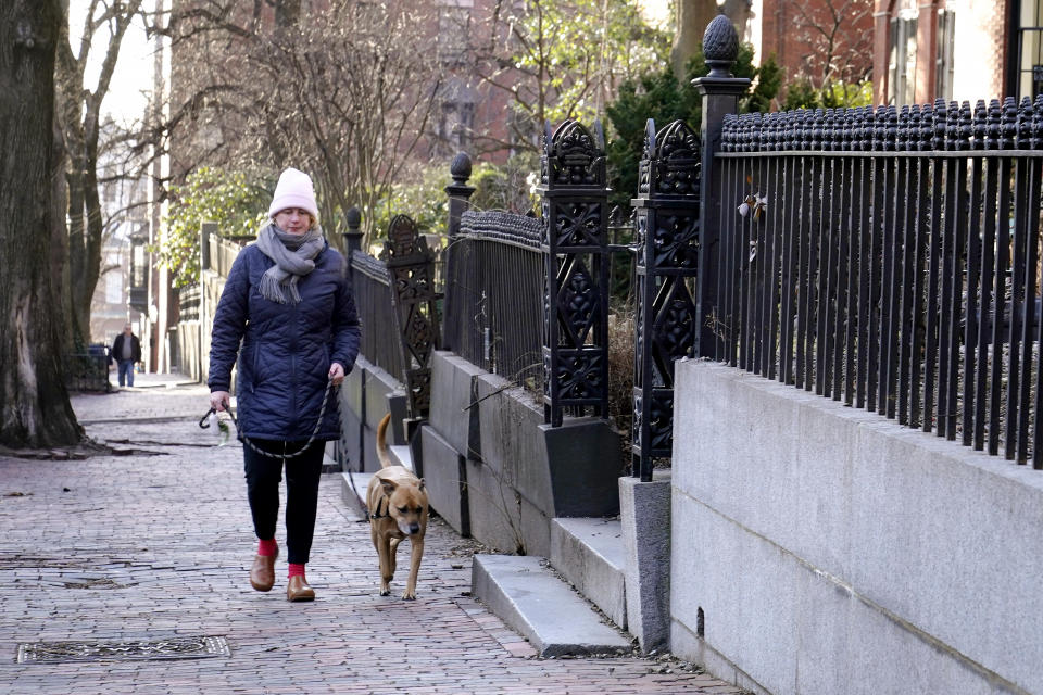 A passer-by walks her dog along a sidewalk in a residential area near the Statehouse on Beacon Hill, Monday, Feb. 13, 2023, in Boston. For much of the Eastern United States, the winter of 2023 has been a bust. Snow totals are far below average from Boston to Philadelphia in 2023 and warmer temperatures have often resulted in more spring-like days than blizzard-like conditions. (AP Photo/Steven Senne)