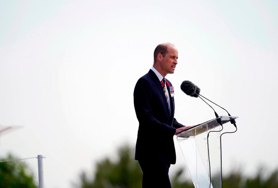 PHOTO: Britain's Prince William, the Prince of Wales speaks, during the Government of Canada ceremony to mark the 80th anniversary of D-Day, at Juno Beach, in Courseulles-sur-Mer, Normandy, France, June 6, 2024. (Jordan Pettitt, Pool Photo via AP)