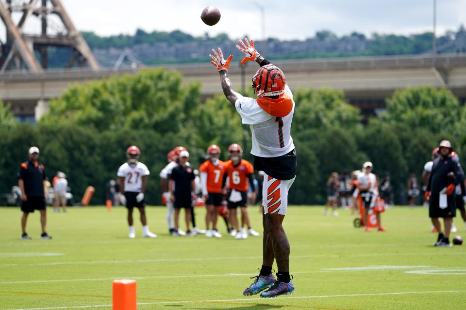 Cincinnati Bengals wide receiver Ja'Marr Chase (1) catches a pass during Cincinnati Bengals training camp practice, Friday, July 29, 2022, at the practice fields next to Paul Brown Stadium in Cincinnati.