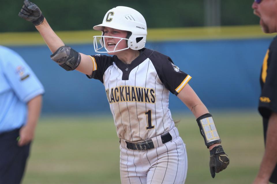 Cowan softball's McKenna Minton in the team's IHSAA semistate first-round game against Rossville at Frankfort High School on Saturday, June 3, 2023.