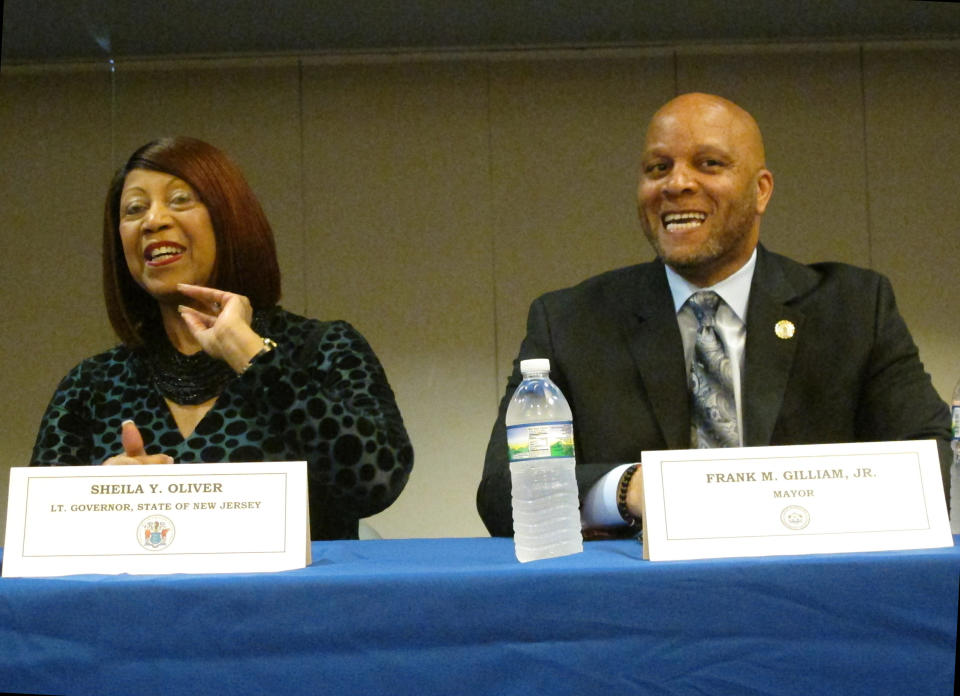 Democratic New Jersey Lt. Gov. Sheila Oliver, left, and Atlantic City Mayor Frank Gilliam Jr., right, speak at an event in Atlantic City N.J. on Tuesday April 23, 2019, at which the lieutenant governor said the state's takeover of Atlantic City will remain in place for the full five-year term envisioned by former Republican Gov. Chris Christie when it began in 2016. (Photo/Wayne Parry)