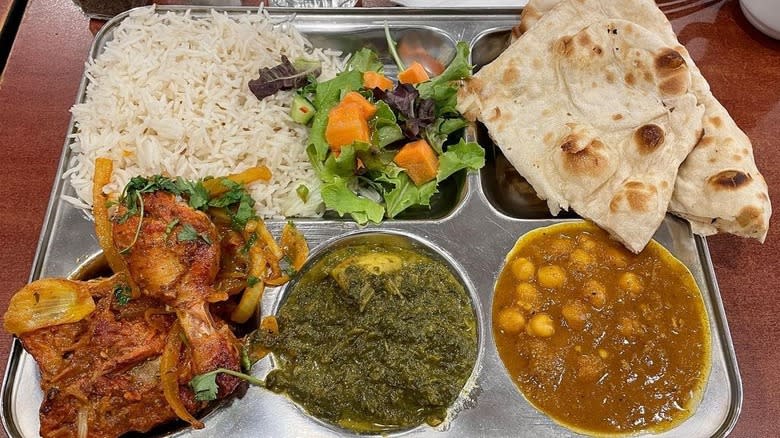 casual Indian food on metal tray