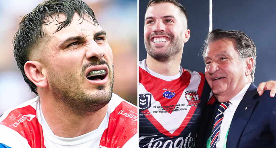 Pictured left Jack Bird and right Roosters boss Nick Politis with captain James Tedesco