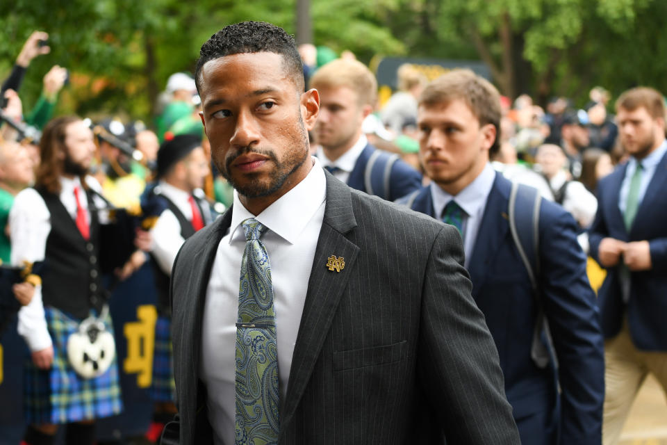 Notre Dame Fighting Irish Defensive Coordinator Marcus Freeman enters Notre Dame Stadium before the game against the Cincinnati Bearcats. Mandatory Credit: Matt Cashore-USA TODAY Sports