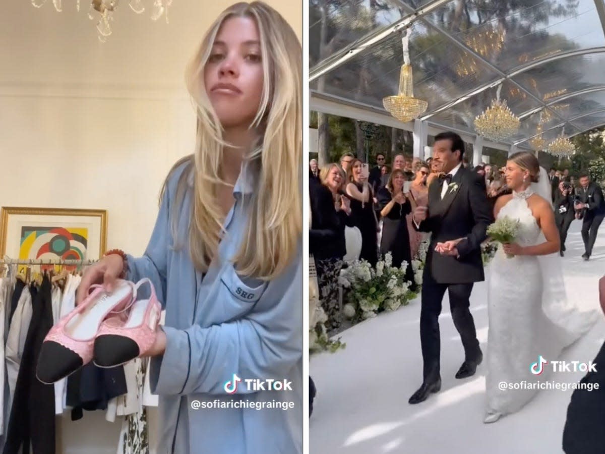 composite image of screenshots of sofia richie -- on the left doing a GRWM, on the right walking down the aisle with her father