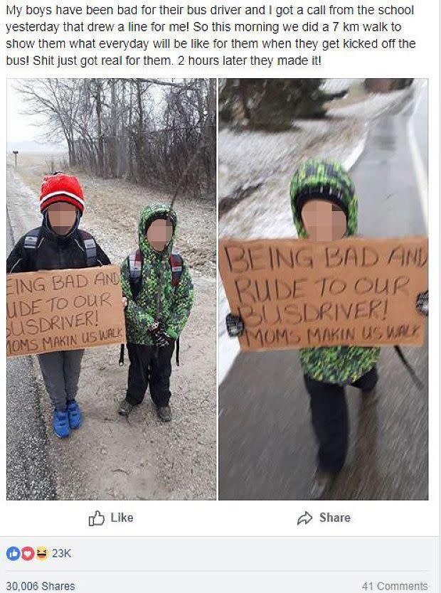 The boys walked for two hours in the snow holding a sign. Photo: Facebook