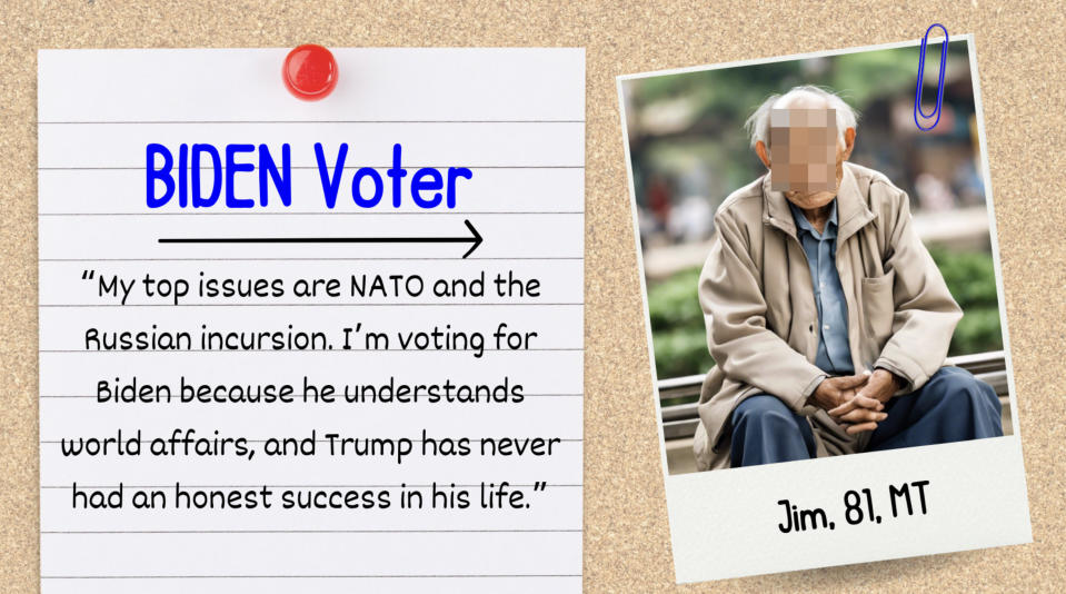 A handwritten note reads, "BIDEN Voter. My top issues are NATO and the Russian incursion. I’m voting for Biden because he understands world affairs, and Trump has never had an honest success in his life." A photo of Jim, 81, MT is clipped beside the note