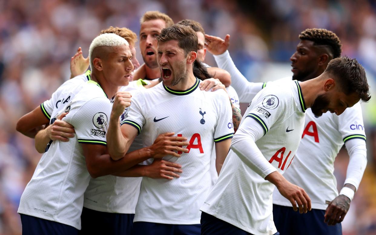 Ben Davies of Tottenham Hotspur celebrates after Pierre-Emile Hojbjerg of Tottenham Hotspur (not pictured) scores their sides first goal during the Premier League match between Chelsea FC and Tottenham Hotspur at Stamford Bridge - Tottenham Hotspur FC via Getty Images