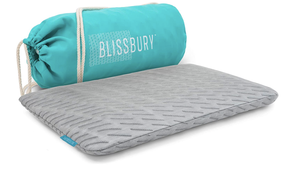Thin Stomach Sleeping Memory Foam Pillow with blue travel bag (Photo via Amazon)