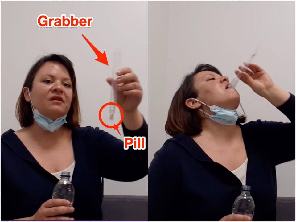 Two video stills side by side show Marianne Guenot taking the radioactive iodine pill using the plastic grabber.