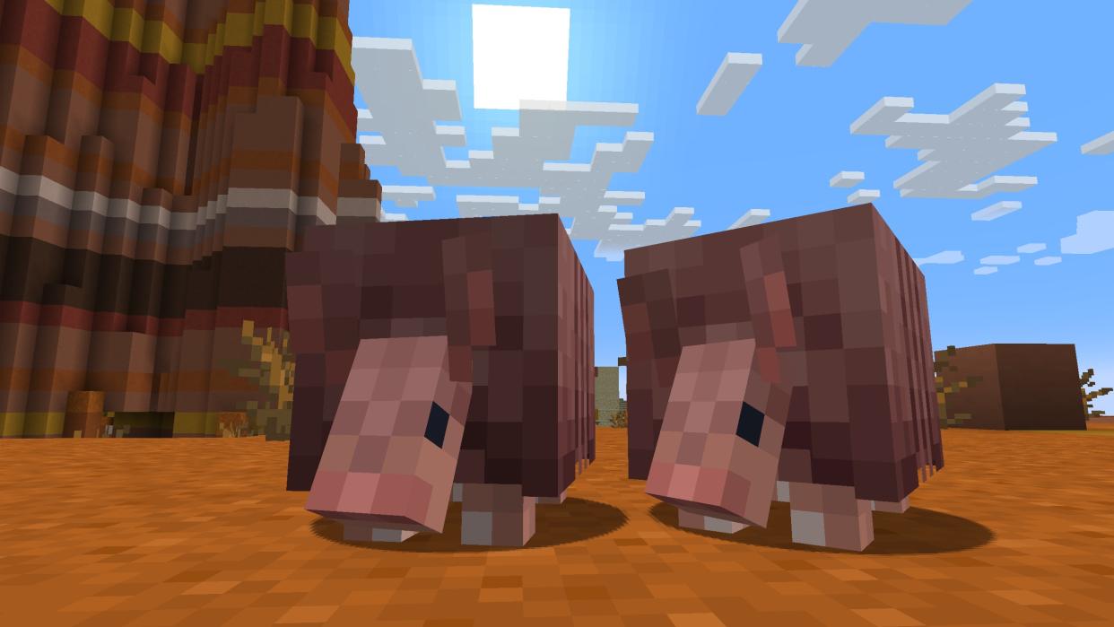  Minecraft - two armadillos stand inthe badlands together. 