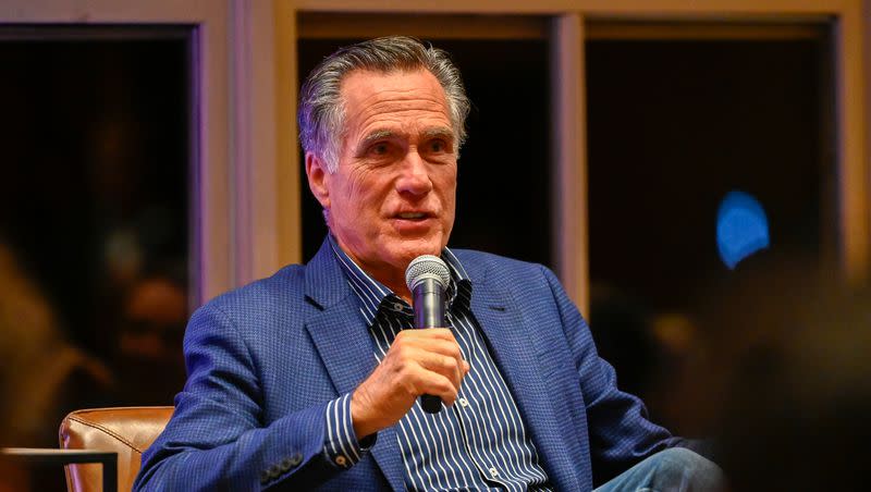 Sen. Mitt Romney, R-Utah, speaks with former House Speaker Paul Ryan, R-Wis., during the E2 Summit at Stein Eriksen Lodge on Oct. 10, 2023, in Park City.