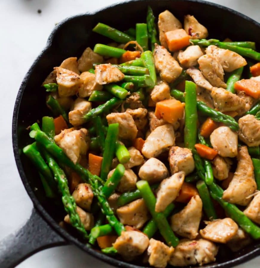 Asparagus-Sweet Potato Chicken Skillet from Primavera Kitchen