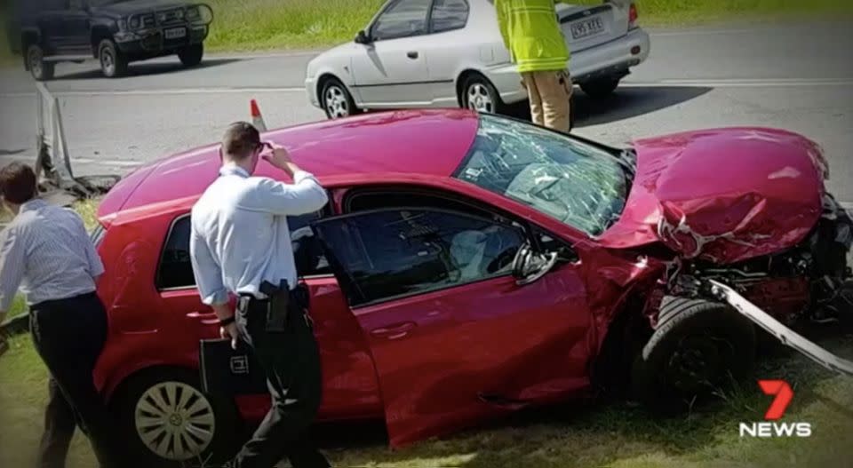 An allegedly stolen car was crashed before its drivers tried to carjack a Brisbane student. Source: 7 News