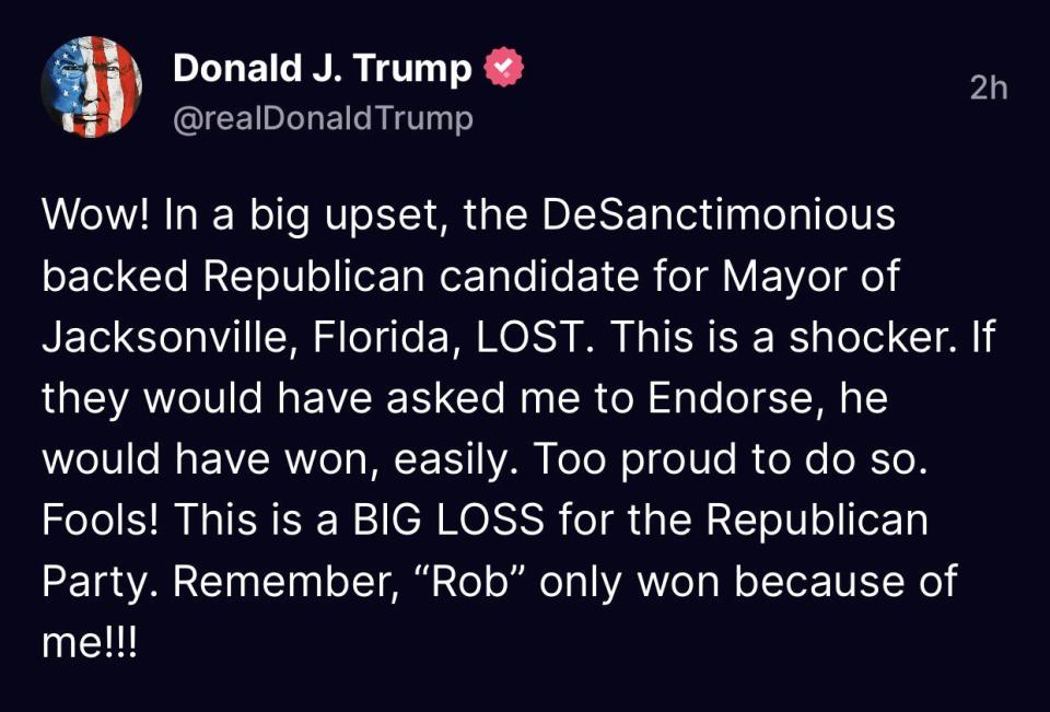 Former President Donald Trump weighs in on the Jacksonville election on Truth Social.