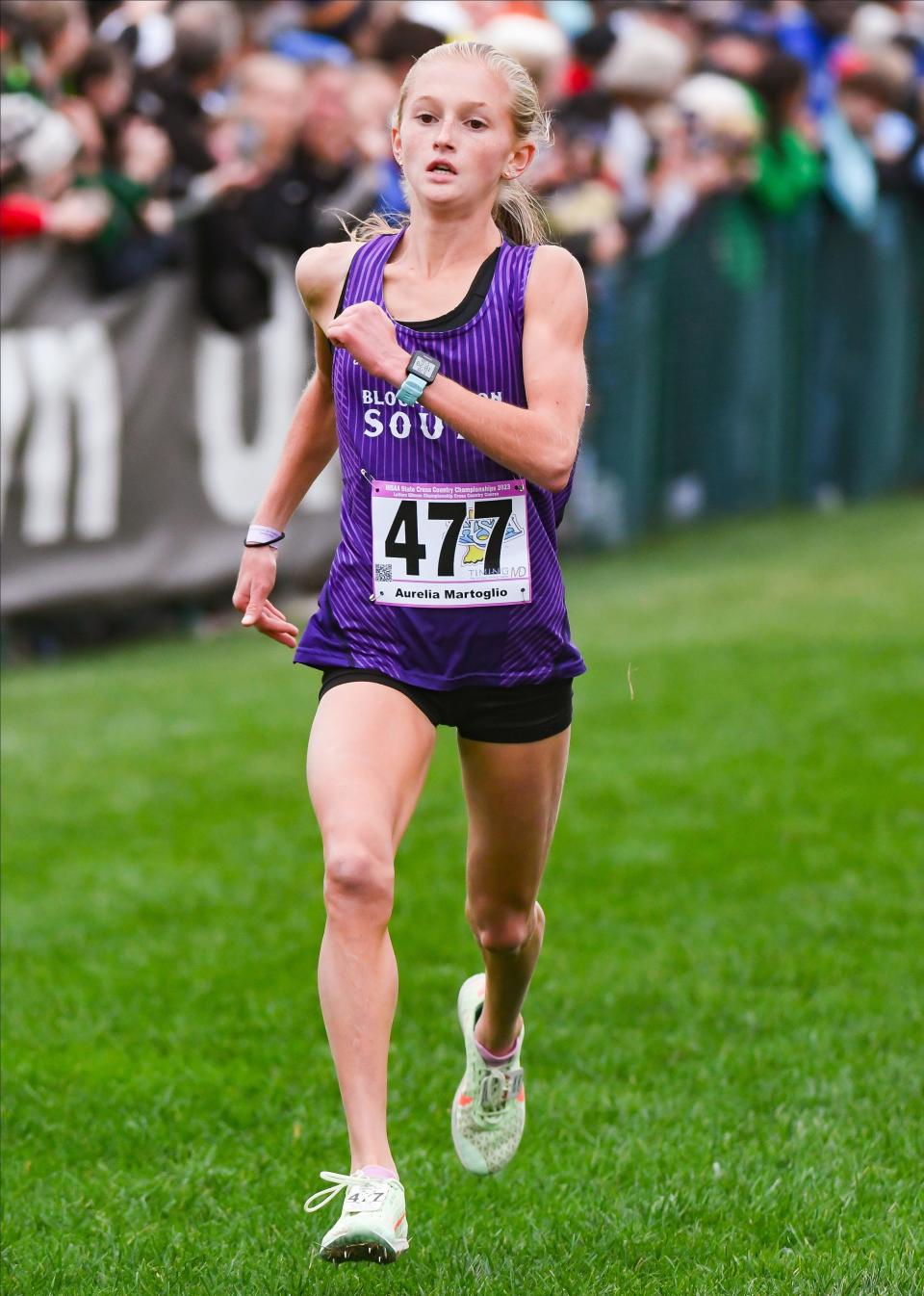 Bloomington South’s Aurelia Martoglio runs during the IHSAA state cross country championship at the LaVern Gibson Championship Cross Country Course in Terre Haute, Ind. on Saturday, Oct. 28, 2023.