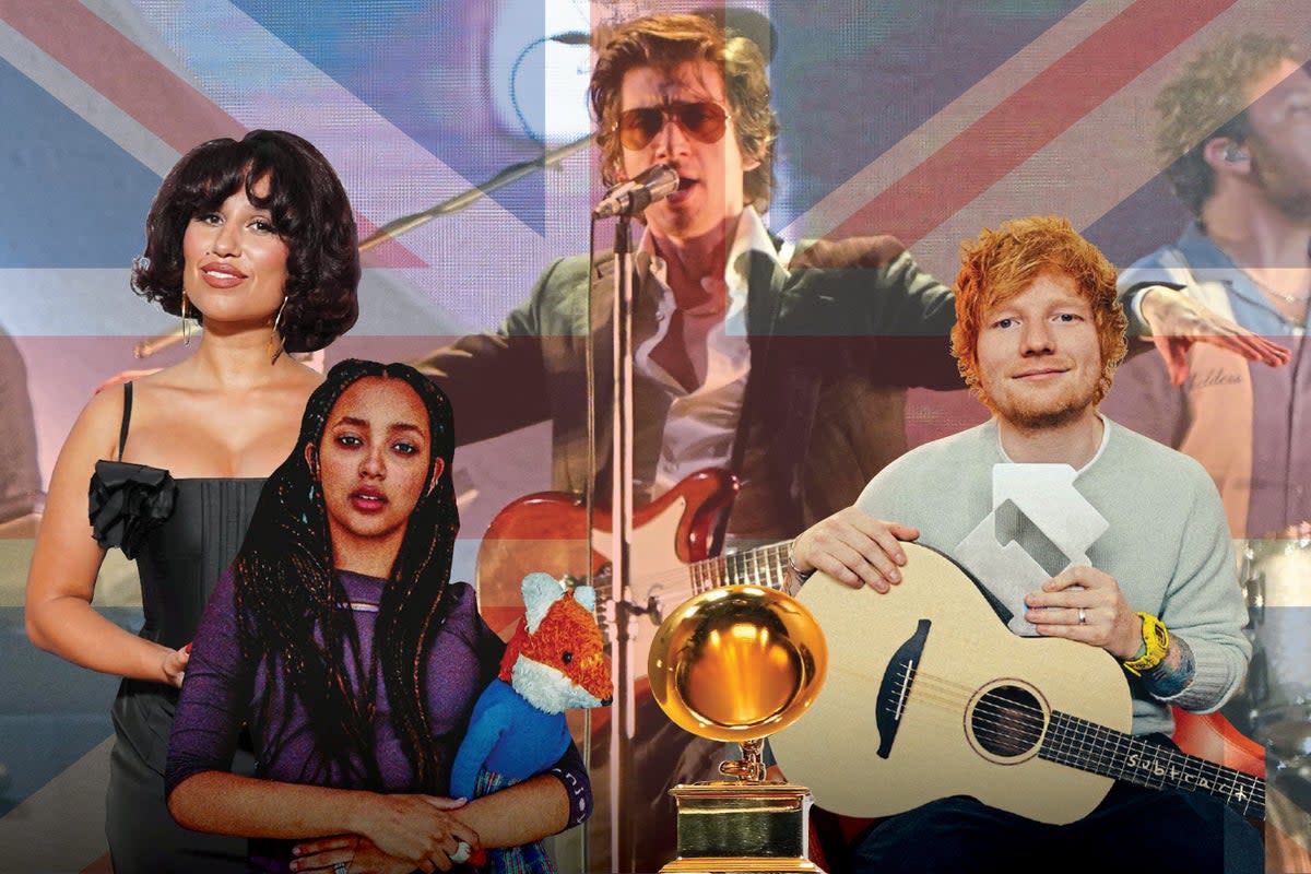 British artists likely to pick up a Grammys 2024 nomination (L-R: Raye, PinkPantheress, Arctic Monkeys, Ed Sheeran) (ES Composite)