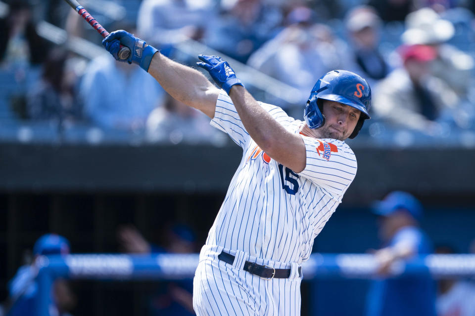 Apr 25, 2019; Syracuse, NY, USA; Syracuse Mets left fielder Tim Tebow (15) prepares for an at bat during the fifth inning against the Buffalo Bisons at NBT Bank Stadium. Mandatory Credit: Gregory J. Fisher-USA TODAY Sports