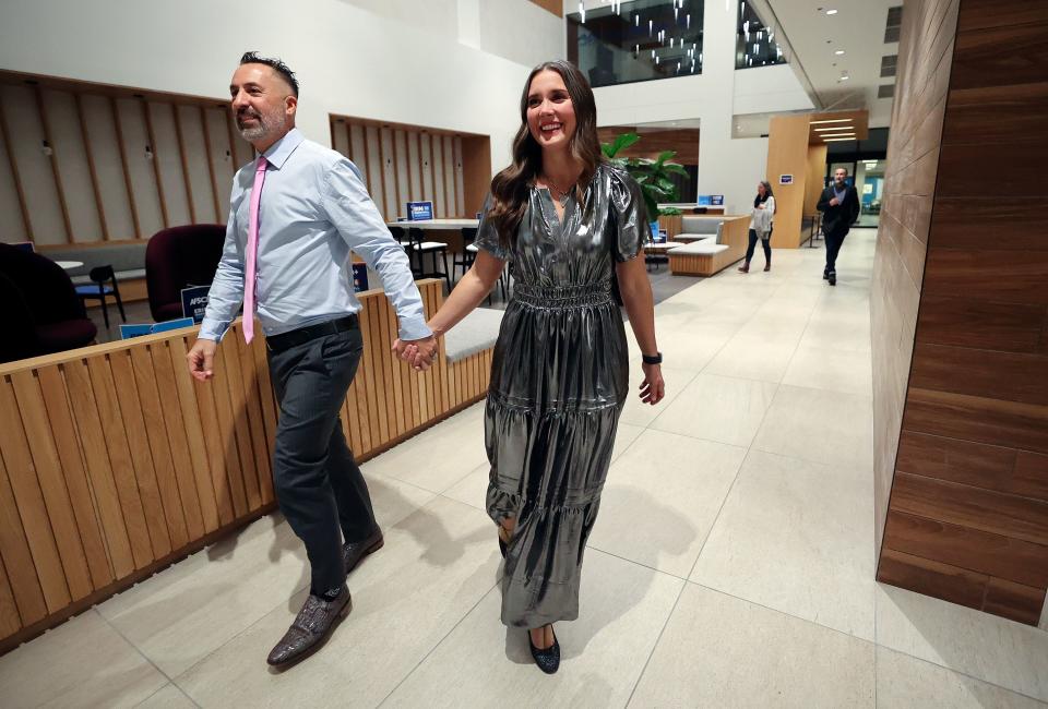 Kyle LaMalfa and his wife, Salt Lake City Mayor Erin Mendenhall, walk to the election night watch party for her reelection campaign in the same office building that houses her campaign headquarters in downtown Salt Lake City on Tuesday, Nov. 21, 2023. | Kristin Murphy, Deseret News