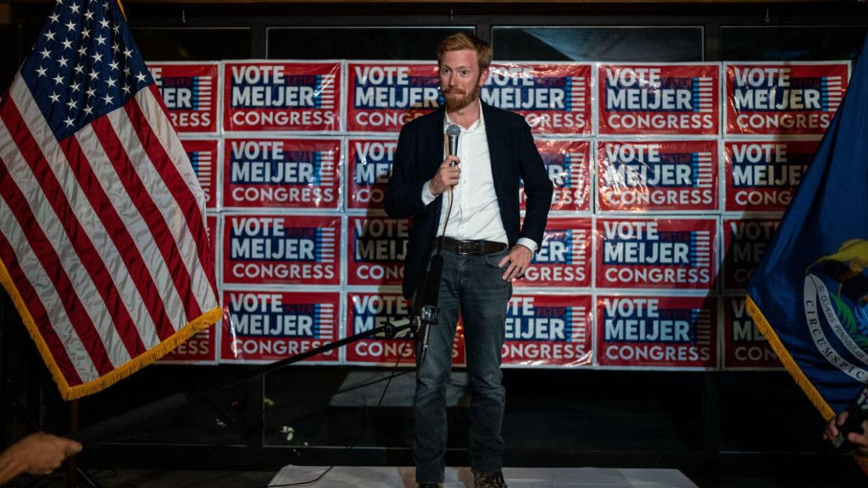 <div>GRAND RAPIDS, MI - AUGUST 02: Rep. Peter Meijer (R-MI), makes a statement to members of the press while awaiting election results at an election night event at Social House on Tuesday, Aug. 2, 2022 in Grand Rapids, MI. Rep. Meijer, a Republican who voted in 2021 to Impeach Former President Donald Trump, faced primary challenger John Gibbs, who served in the Department of Housing and Urban Development under the Trump Administration. (Kent Nishimura / Los Angeles Times via Getty Images)</div>