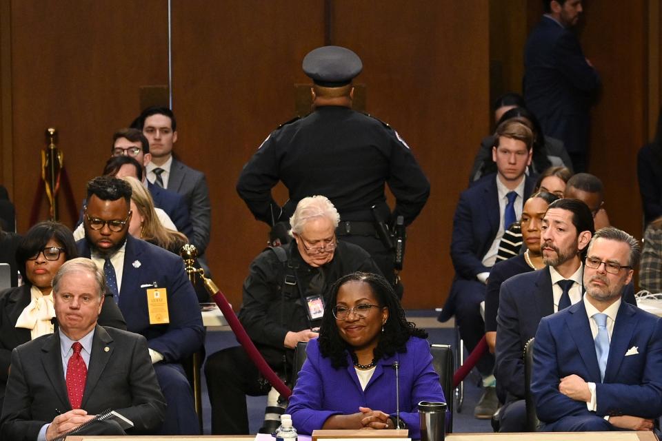 WASHINGTON, DC - MARCH 21: Supreme Court nominee Judge Ketanji Brown Jackson listens during the Senate Judiciary confirmation hearing on Capitol Hill March 21, 2022 in Washington, DC. Judge Ketanji Brown Jackson, President Joe Biden's pick to replace retiring Justice Stephen Breyer on the U.S. Supreme Court, will begin four days of nomination hearings before the Senate Judiciary Committee.