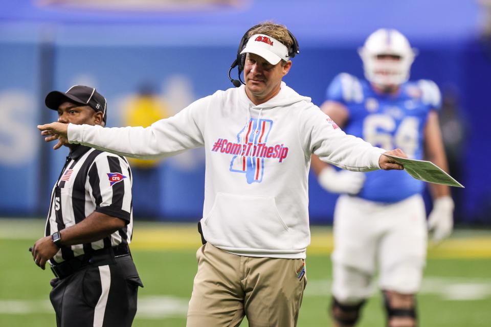 Jan 1, 2022; New Orleans, LA, USA; Mississippi Rebels head coach Lane Kiffin reacts after a play against the Baylor Bears during the first half of the 2022 Sugar Bowl at Caesars Superdome. Mandatory Credit: Stephen Lew-USA TODAY Sports
