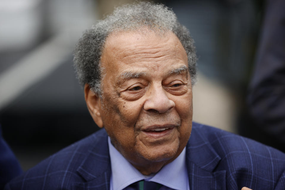 Andrew Young, former UN Ambassador, attends a ceremony honoring former President Jimmy Carter and Jimmy Carter Blvd. on Tuesday, May 23, 2023, in Norcross, Ga. (AP Photo/Alex Slitz)