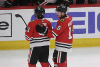 Chicago Blackhawks' Frank Nazar (91) celebrates with teammate Joey Anderson (15) after scoring his first goal in the NHL during the first period of a hockey game against the Carolina Hurricanes, Sunday, April 14, 2024, in Chicago. (AP Photo/Paul Beaty)