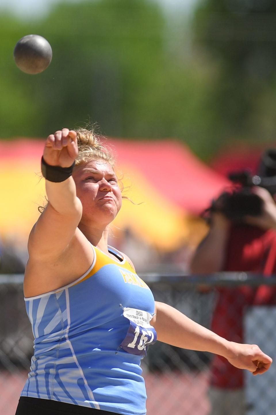 Gracelyn Leiseth competes in the shot put finals in the final day of the state track meet on Saturday, May 28, 2022, Howard Wood Field in Sioux Falls.