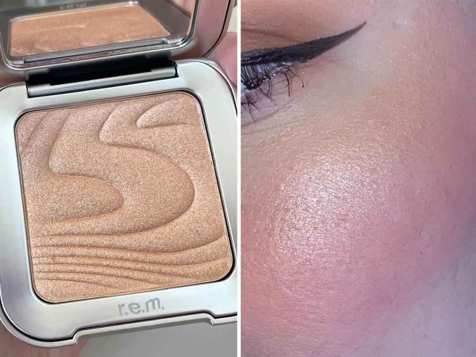 The REM Beauty highlighter topper (left), and reporter Amanda Krause wearing the product (right).