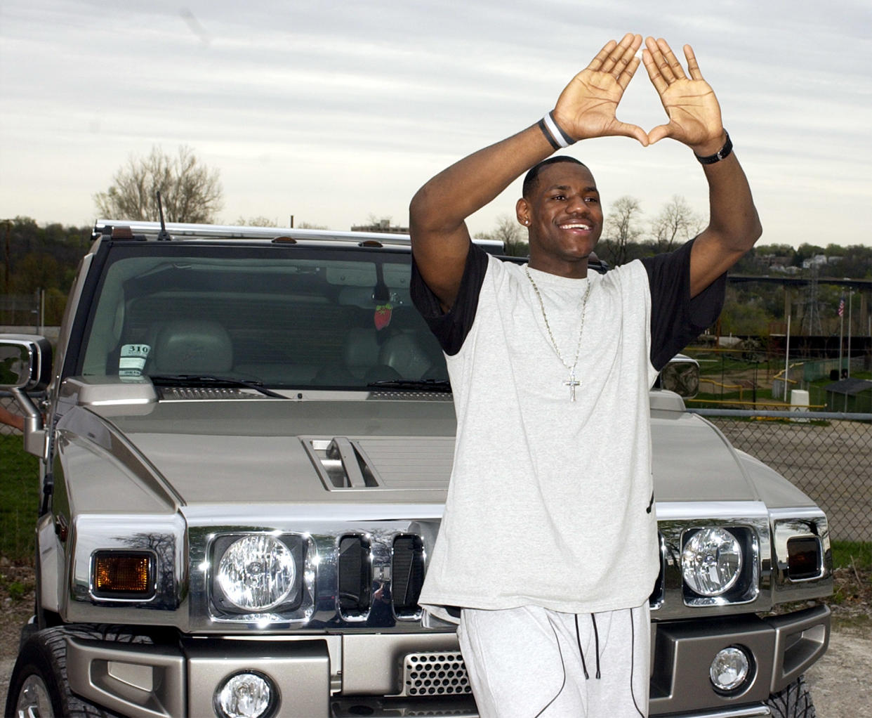 LeBron James poses in front of his Hummer after declaring for the NBA draft in April 2003. (AP)