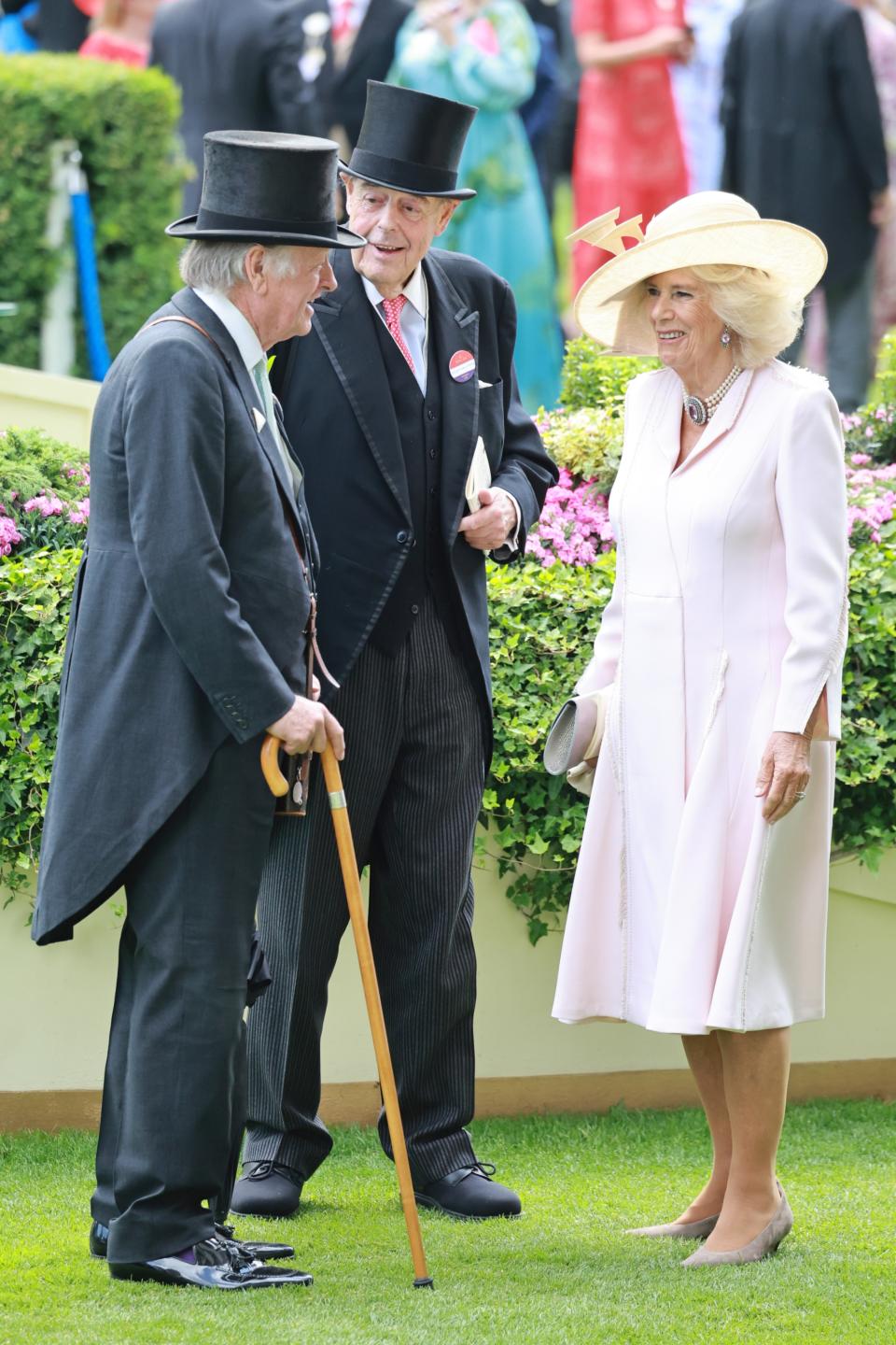 ASCOT, ENGLAND - JUNE 21: Andrew Parker Bowles, The Rt. Hon. the Lord Soames of Fletching and Queen Camilla attend day two of Royal Ascot 2023 at Ascot Racecourse on June 21, 2023 in Ascot, England. (Photo by Chris Jackson/Getty Images)