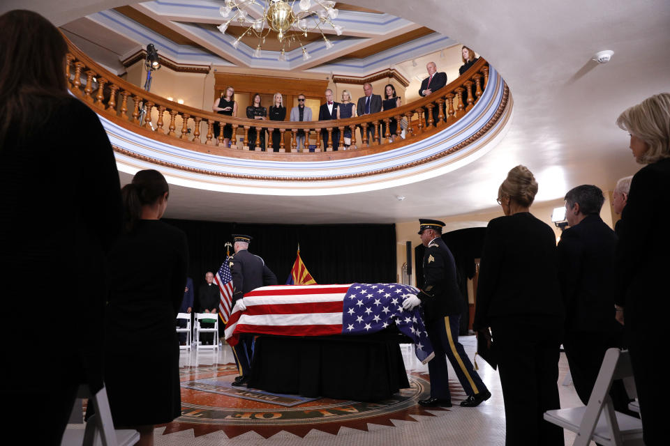 <p>The Arizona National Guard carries the casket into the museum rotunda during a memorial service for Sen. John McCain, R-Ariz. at the Arizona Capitol on Wednesday, Aug. 29, 2018, in Phoenix. (Photo: Jae C. Hong, Pool/AP) </p>
